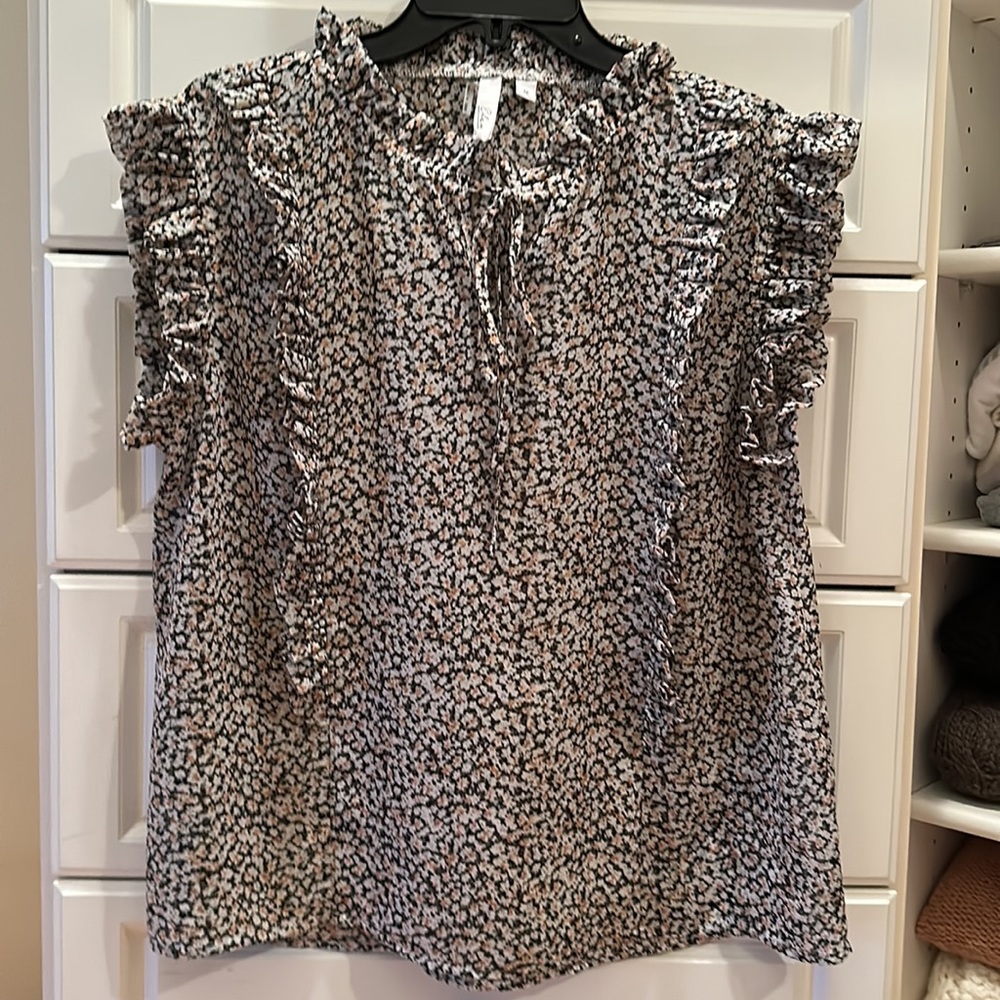 Elan Sleeveless Ruffle Blouse Multi-Colored Polyester Size Medium